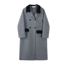 

Retro Women's Suit Collar Contrast Color Woolen Grey Coat Loose Wild Double-breasted Over The Knee Mid-length Jacket Female Warm