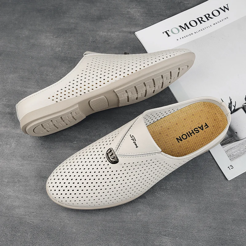 Luxury Designer Italian Men Half Shoes Leather Mens Casual Shoes Drop Ship Coiffeur Mules Man Slides Backless Loafers Slipper 5