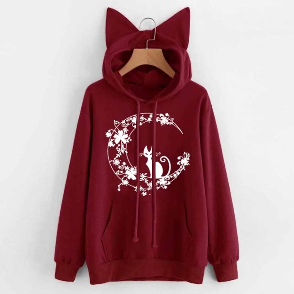 

Harajuku Hoodies Womens Sweatshirt Cat Print Long Sleeve Hoodie Sweatshirt Cat Ear Hooded Pullover Tops Oversize Hoodie 2019