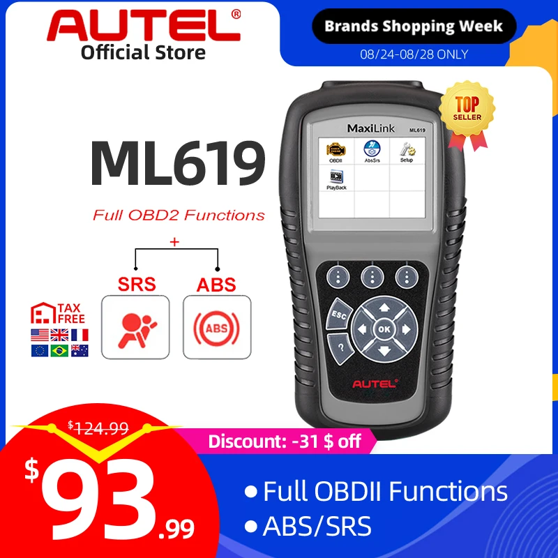 US $105.99 Autel MaxiLink ML619 ABS SRS Diagnostics Scanner OBD2 Code Reader Diagnostic Scan Tool OBD Autoscanner Auto Airbag Diagnosis
