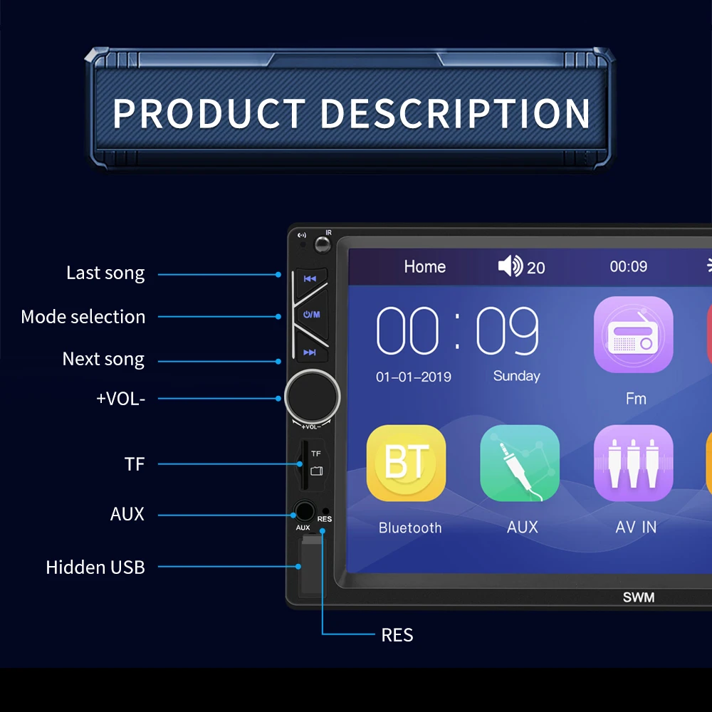 Автомобильный Радио HD 7 дюймов сенсорный экран стерео Bluetooth 12 В 2 Din FM ISO мощность Aux