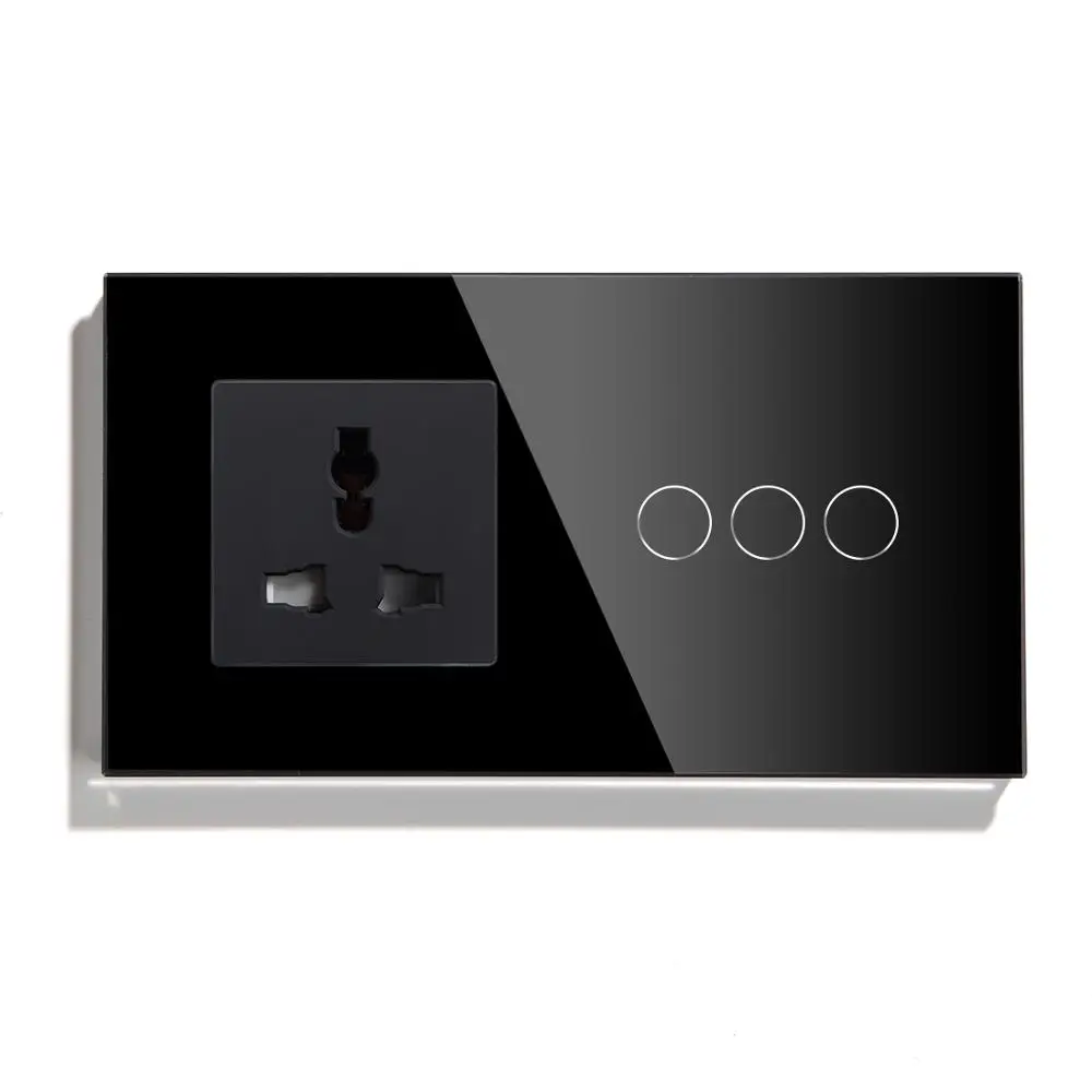 Black Wall Socket BSEED сенсорный выключатель 3 банды 1Way 2 Way ЕС Стандартный Настенный Выключатель Белый Черный Gloden многофункциональная розетка 3 цвета Хрустальная стеклянная панель - Тип: Black Wall Socket