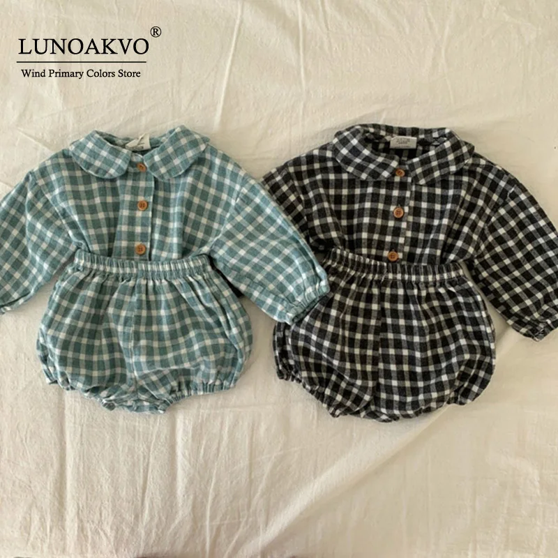 baby clothing plaid full sleeve shirt and bloomer 2pcs boys clothes set