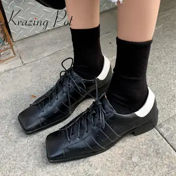 

Krazing pot 2020 new genuine leather square toe low heel mixed colors snake pattern leisure recommend lace up spring shoes L53