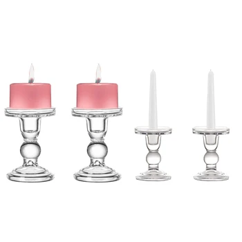 

4pcs Clear Glass Pillar Candle Holder, Dual Use Taper Candle Stand For Pillar Or Taper Candlesticks - 2pcs 4.5Inch & 2pcs 5.5Inc