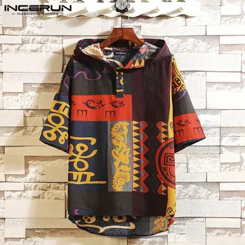 

INCERUN Ethnic Style Printed T Shirt Men Hooded Vintage Half Sleeve Cotton Pullovers Chic Button 2020 Streetwear Mens T-shirts