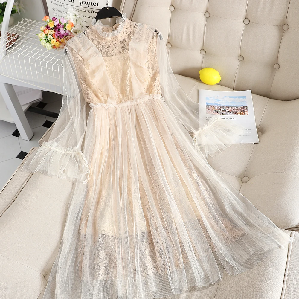

2019 Women Autumn Flare Sleeve Hollow Out Lace Flower Ruffles Pleated Dress Vintage Elastic Slim Mesh Gauze Pullover Midi Dress
