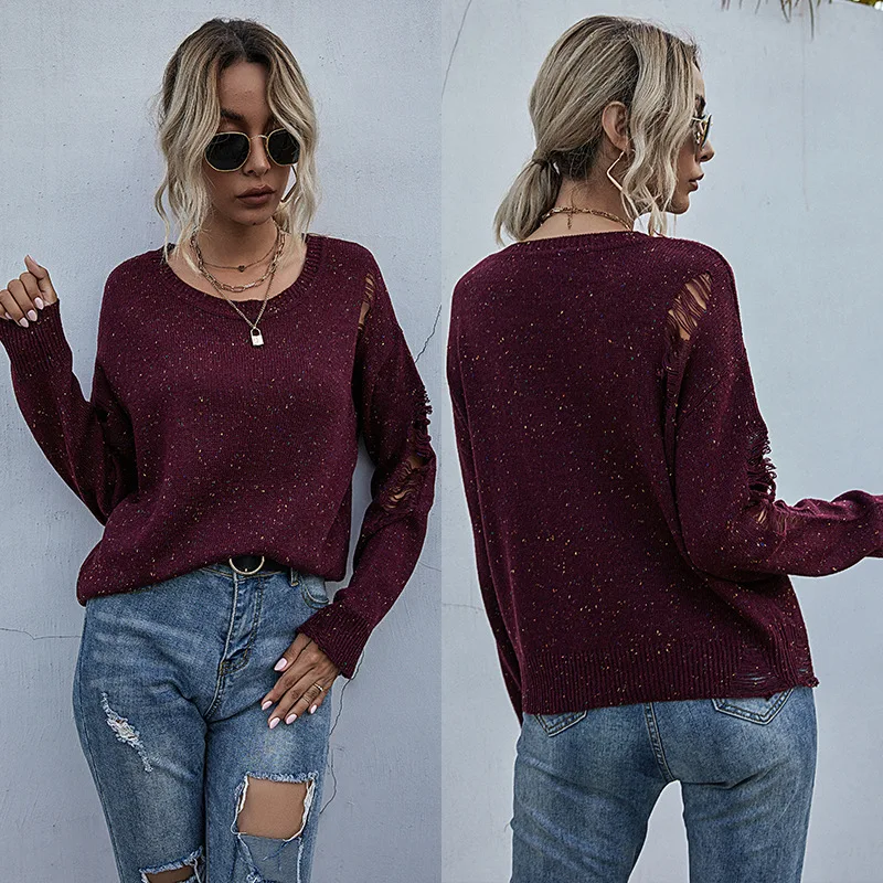 

Long sleeve hollow knitted sweater New solid color crew neck T-shirt for aw2020