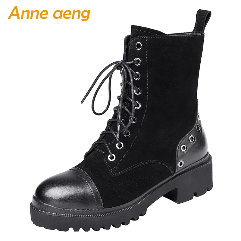 

2019 New Winter Genuine Leather Women Ankle Boots Middle Heel Round Toe Lace-Up Retro Casual Women Shoes Black Martins Boots