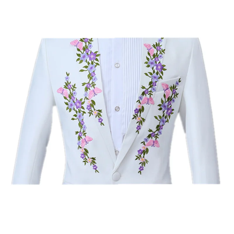 Fashion men's 4 flower embroidered suit set wedding prom party casual slim lapel white business suit(coat+ pant