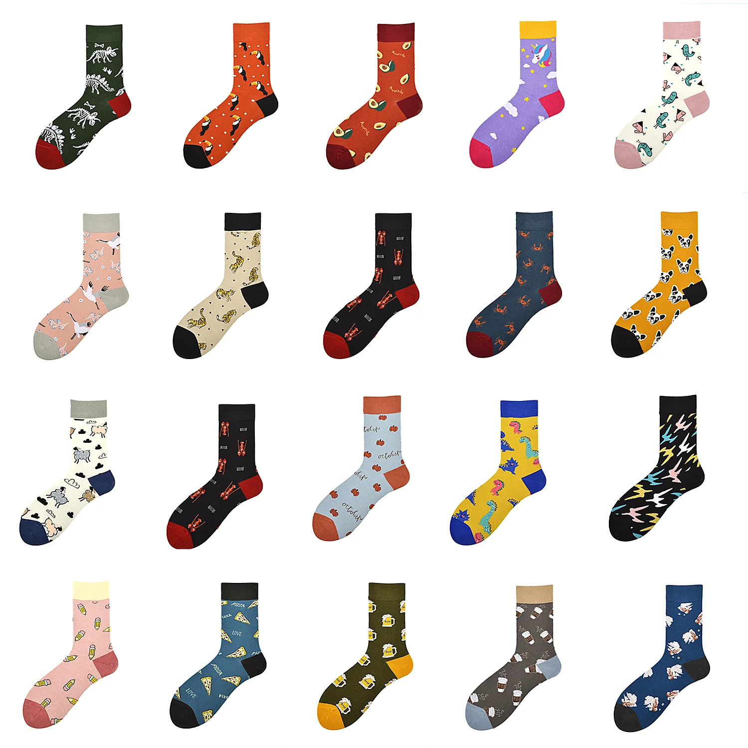 

Creative cartoon animal fruit food socks unicorn dinosaur parrot tiger avocado pattern happy man socks cute fashion skate socks