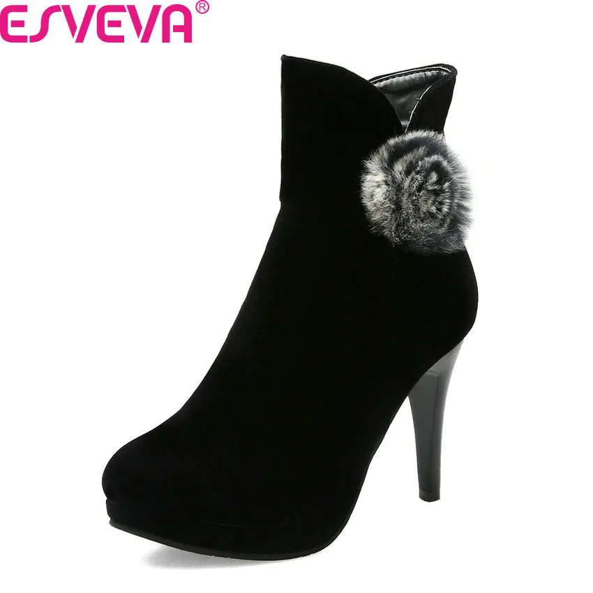 

ESVEVA 2020 Platform Fashion Round Toe Warm Fur Ankle Boots Winter Sexy High Heel Scrub Zipper All Match Women Shoes Size 34-43