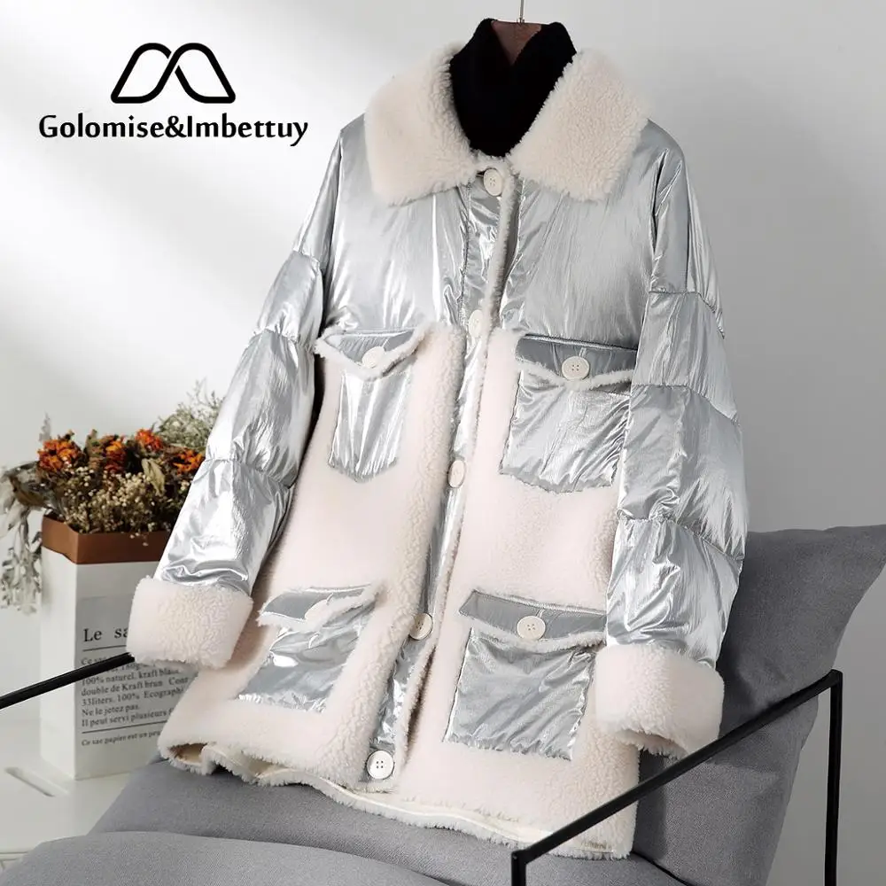 

Golomise&Imbettuy Real/Genuine Composite Lamb/Wool Fur Shearling Splicing Down Jacket/Coat with Faux Suede Leather Lining
