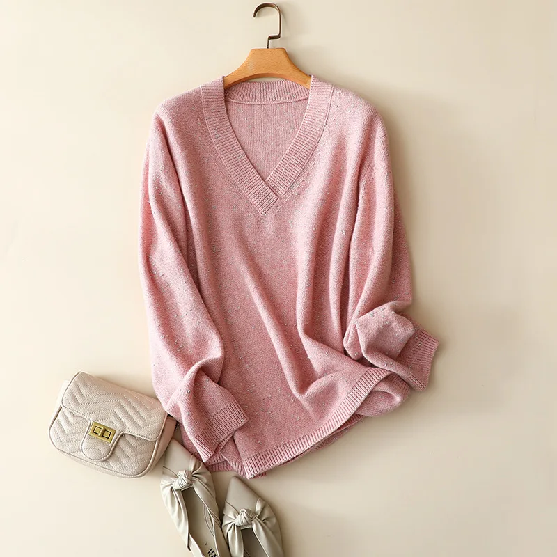 

autumn winter fashion cashmere wool pink sweater v neck women's oversized pullovers long sleeve knitted sliver lurex loose tops
