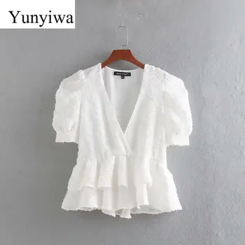 

New Women Sweet V Neck Puff Sleeve Casual Chiffon Blouse Ladies Double Layer Cascading Ruffles Chic Shirts Femininas Tops