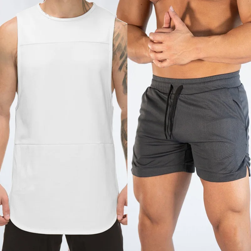 Summer 2pcs Running Sets Tracksuit Men Sportswear Joggers Mens Clothing Mesh Bodybuilding Sleeveless Shirt+Gym Shorts Sweatsuits