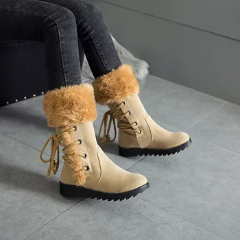 

Mid Calf High Winter Boots Women Faux Fur Cross Tied Design Black Beige Ladies Shoes Plush Large Size Warm Snow Boots 43