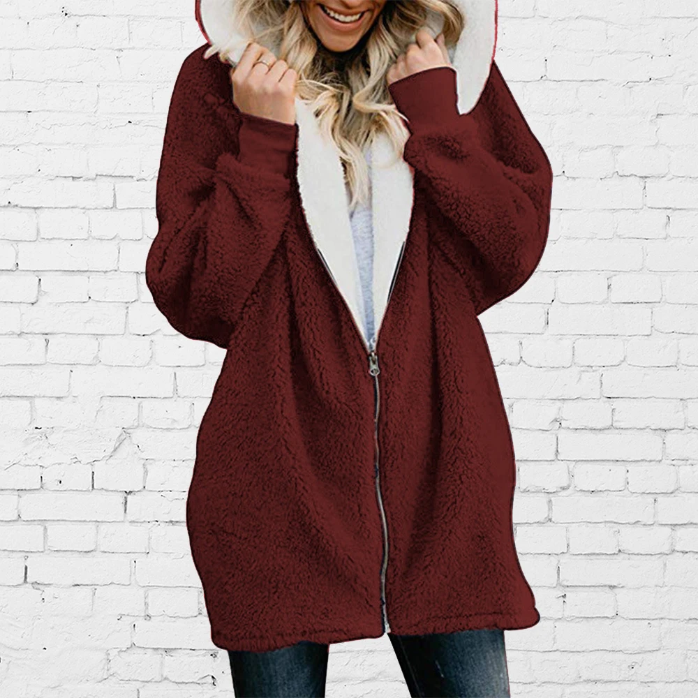 Women Coat Winter Causal Soft Hooded Pocket Zipper Fleece Plush Female Coat Warm Plus Size Faux Fur Fluffy Women Jacket