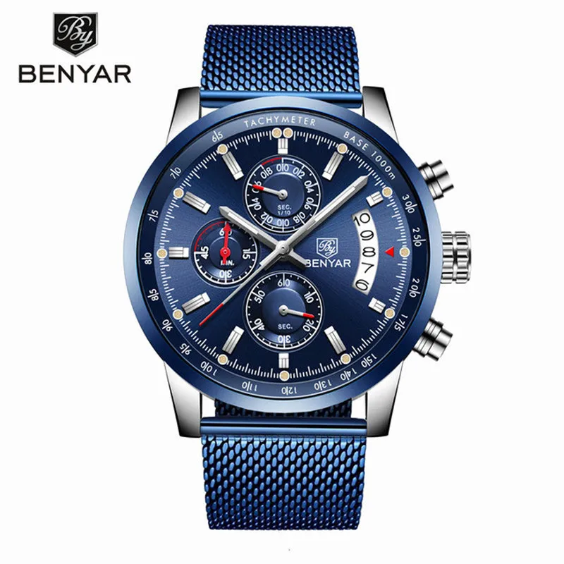 Blue No Box BENYAR, мужские часы, деловые мужские часы, Топ бренд, Роскошные Кварцевые часы для мужчин, s водонепроницаемые мужские наручные часы, Relogio Masculino - Цвет: Blue No Box
