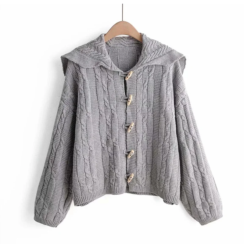 

Korean Soft Girl Vintage Twist Cardigans Sweater Women Solid Beige Loose Sailor Collar Knit Outwear Female Winter Jacket Coat