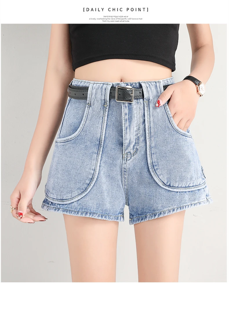 Ftlzz New Women High Waist Black Denim Shorts With Belt Casual Female Wide Legs Blue Slim Fit Big Pocket Jeans Shorts Shorts Aliexpress