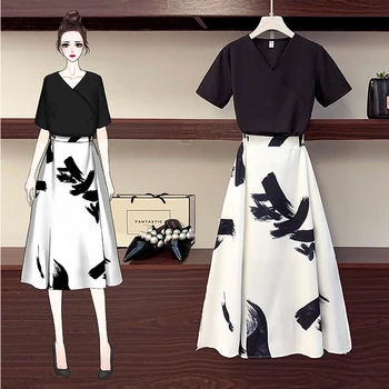 

HAMALIEL Elegant Summer 2 Piece Set New Women Black V Neck T-Shirt Top + Fashion High Waist Ink Printed Long Ball Gown Skirt Set