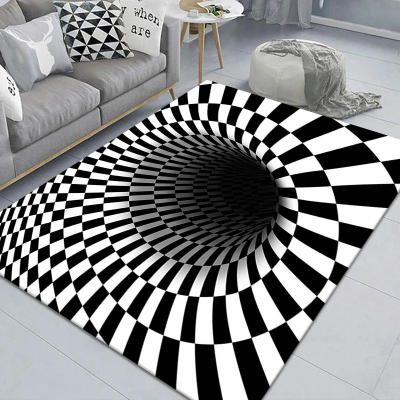 Round Black White Grid 3D Illusion Vortex Bottomless Hole Carpet Non-Slip Mat 