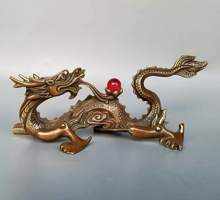 

China brass Dragon play beads crafts statue