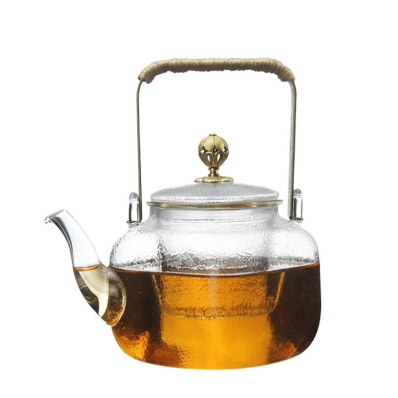 

High Heat Resistant Borosilicate 700Ml Teapot Clear Glass Heat Resistant Square Shape Hammer Pattern Pure Copper Teapot Handle C
