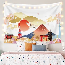 

Japan Fuji Mountain Scenery Painting Tapestries Retro Style Waves Wall Hanging Blankets Bohe Hippie Carpets Home Artistic Decor