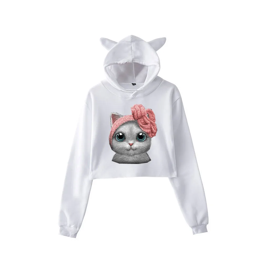 White Милый женские худи Kawaii уличный сверхразмерный Свитшот толстовка с длинными рукавами и принтом кота пуловер с капюшоном топы толстовка - Цвет: White