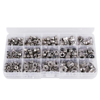 

385Pcs Flange Nut Assortment Lock Nut Kit M3 M4 M5 M6 M8 Stainless Steel Hex Nylon Insert Locknut Acorn Nuts Mufti-Functional Ha