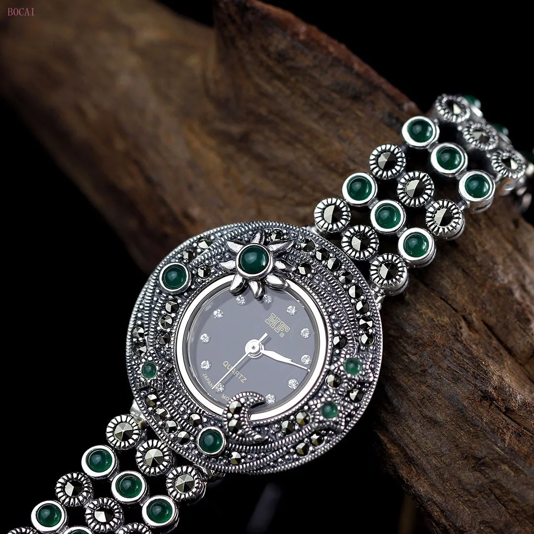 Серебро 925 S925 Стерлинговое серебро ювелирные изделия Taiyin женские ручной орнамент зеленый натуральный камень браслет часы для женщин Новинка