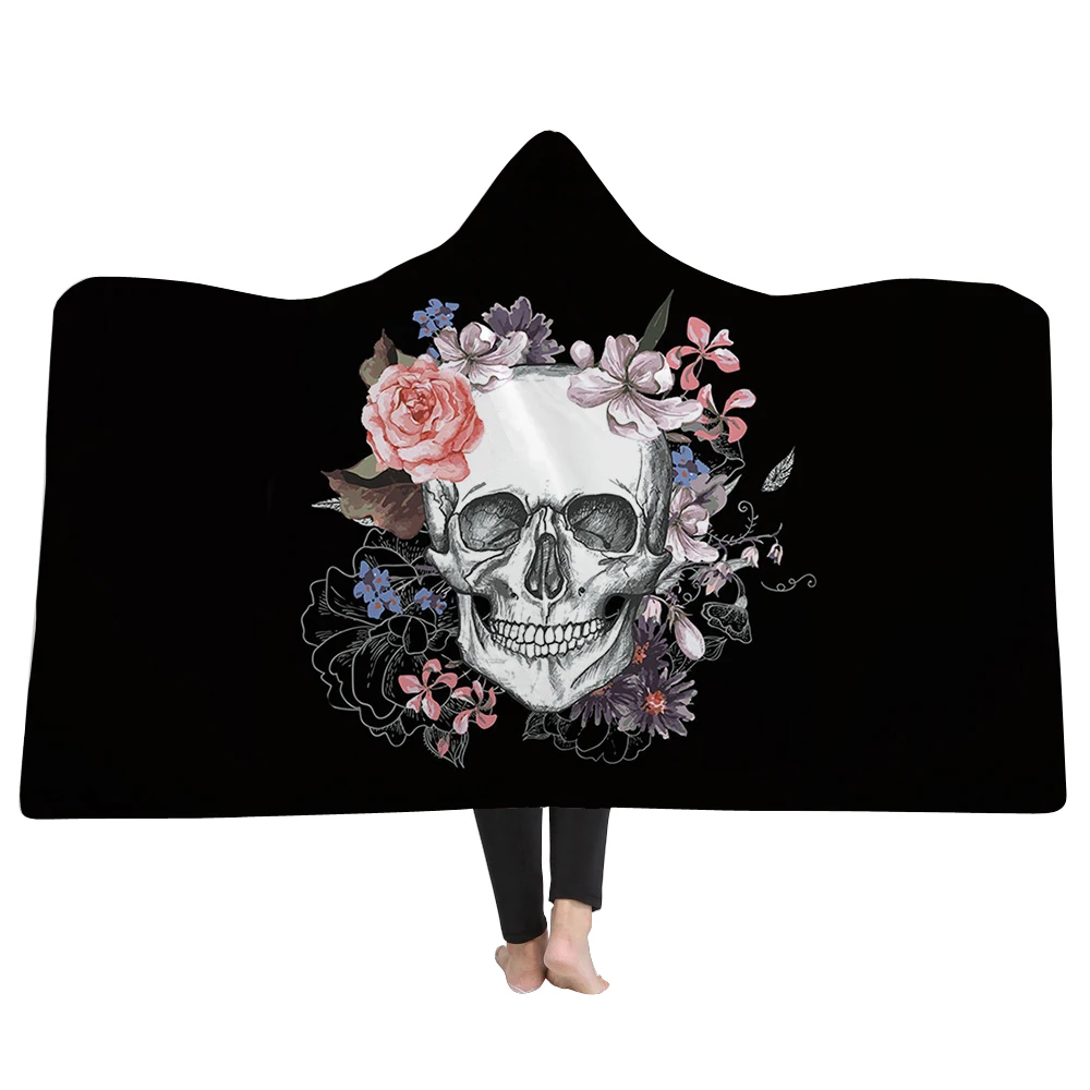 Hallowen Creppy 3D печатных череп носимых с капюшоном одеяло для взрослых коралловый флис теплый флис Толстовка плед - Цвет: K