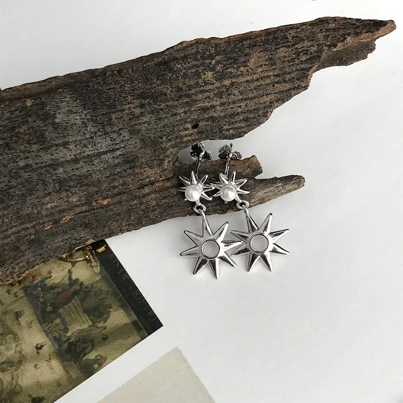 RUIYI Real 925 Sterling Silver Women Cold Wind Fashion Hexameron Charm Earrings Girls Young Niche Sunflower Pearl Stud Earrings