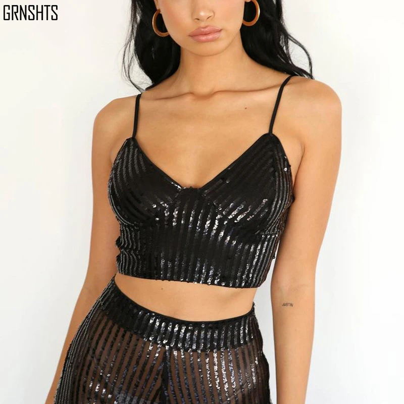 

2020 Sequin Camisole Female Summer Sexy Open Umbilical Chest Display Zipper Tube Top Crop Top Women Tank Top V-neck Bandeau