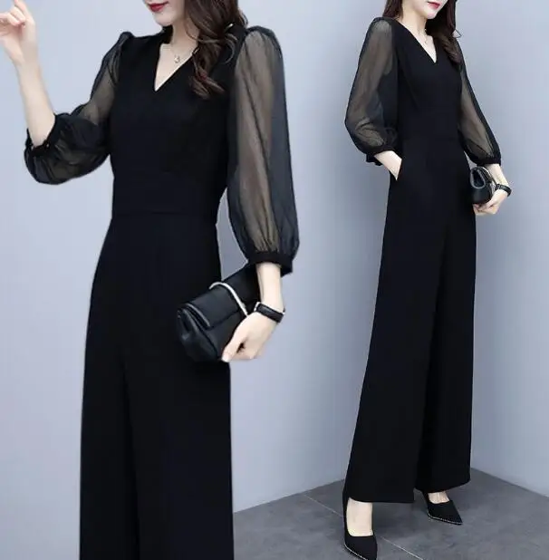 jiu fen sleeve black Женские весенне-осенние черные шифоновые Комбинезоны с пышными рукавами, женские элегантные трендовые широкие комбинезоны для девушек размера плюс, комбинезоны Z316 - Цвет: jiu fen sleeve black