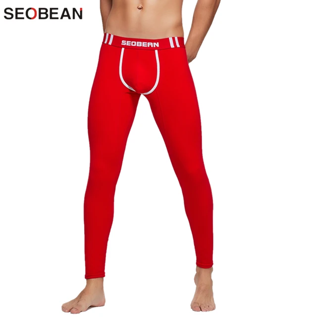 SEOBEAN Mens Thermal Underwear For Men Winter Long Johns Plus Velvet Warm Pants Slim Fit Long Johns Male Leggings Red