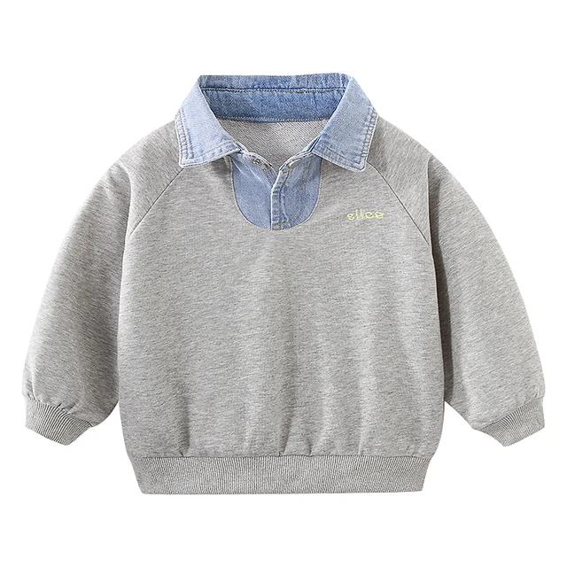 2022 Spring Autumn 3 4 5 6 7 8 9 10 12 Years Children Turn-down Collar Gray Cotton Denim Patchwork Sweatshirt For Kids Baby Boy