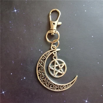 

5X Moon Key Chain, Keychain gift,Creative Crescent Moon Keychain, Boho Pendant Jewelry, Vintage Pentagram keychain