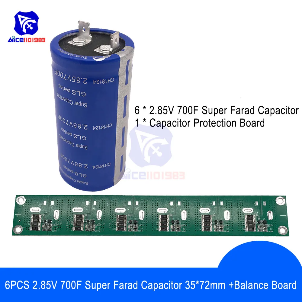 

Solderless 6PCS 2.85V 700F 35*72mm Flat Feet Super Farad Capacitor Low ESR Super Capacitor w/Balancing Protection Board for Car