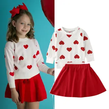 

Red Love Heart Toddler Valentine's Day Clothes Cottton Shirt Shirt Gift Cute Baby Girls Tops T-Shirt Dress Skirt Outfits Fall