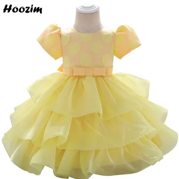 

Kawaii Princess Puff Sleeve Baptism And Birthday Dress Toddler 6M-24M Years Yellow Polka Dot Layered Pageant Party Dresses Girls