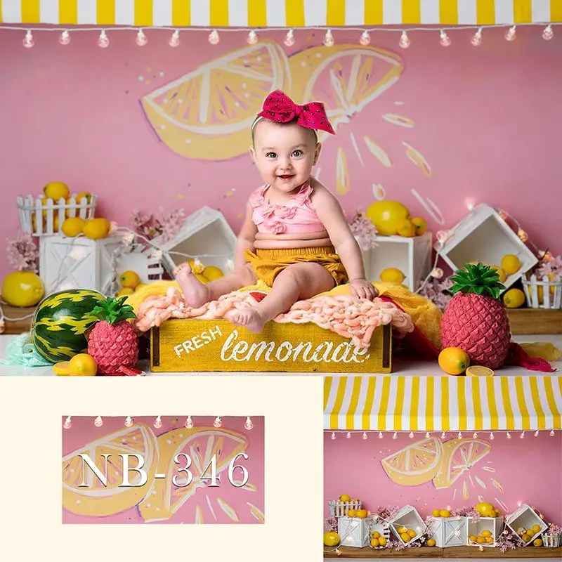 

Lemon Fruit Store Children 1st Birthday Photography Backdrops Grapefruit Pink Flower Photo Props Studio Booth Background