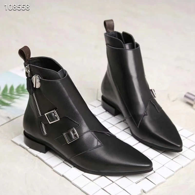 

Highest quality Winter Kelly buckle Top cowhide Genuine leather Pointed Martin boots Women boots size 35-41