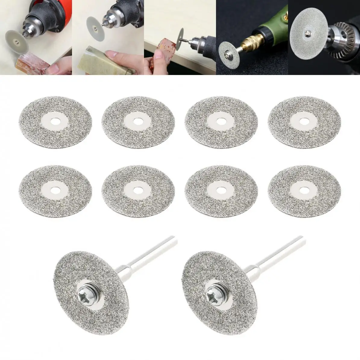 

10pcs / Set 22mm Diamond Cutting Discs Saw Blade with 2pcs 3mm Diameter Fixed Rod for Cutting Glass Metal NEW