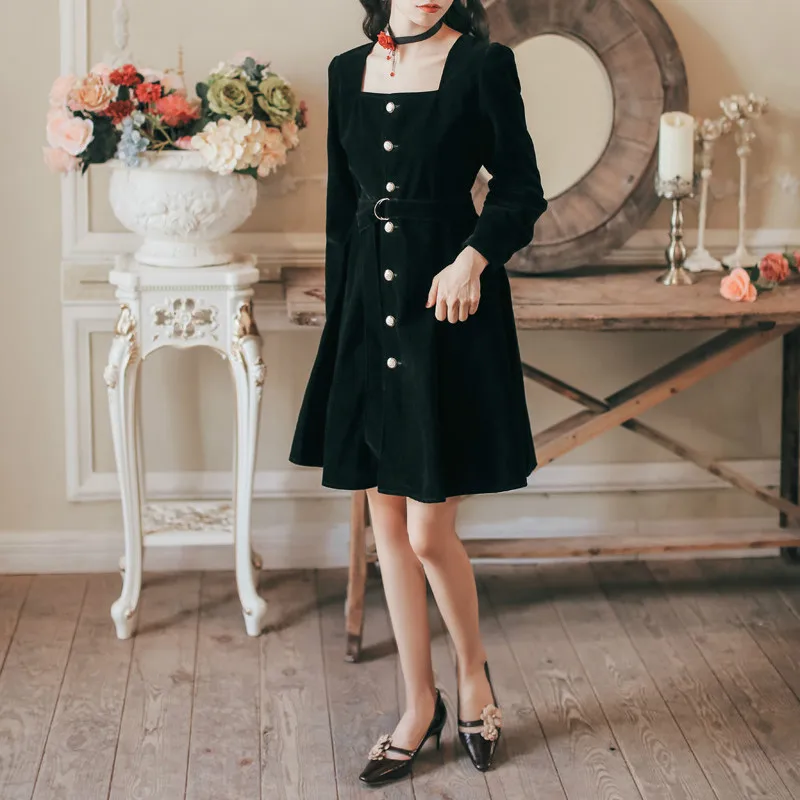 Velour Women A-line MINI Dress Soild Spring Autumn High Waist Single-breasted Belt Femme Mini Dresses Party Long Sleeve Clothes