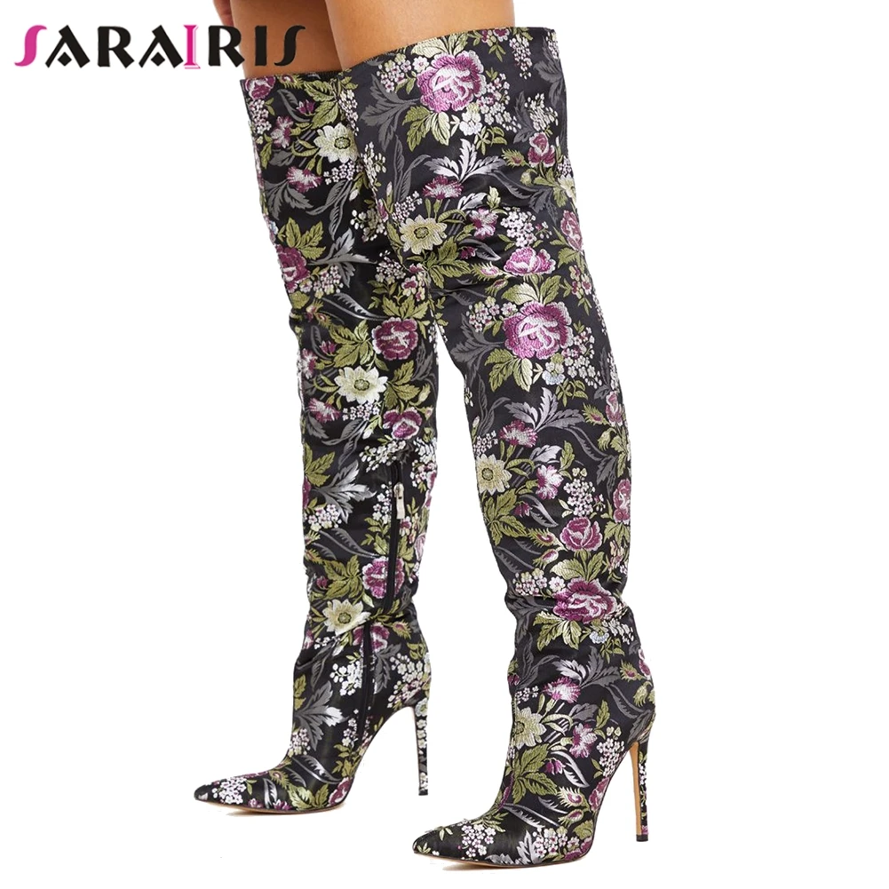 

SARAIRIS Brand Female Thin Heels Boots 2020 Party Wedding Boots Women Pointed Toe Printing Over The Knee Shoes Woman