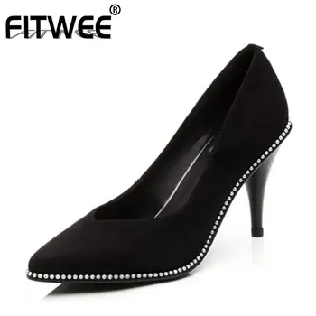 

FITWEE Office Lady Genuine Leather High Heel Shoes Women Beading Pointed Toe Thin Heels Pumps Sexy Women Footwears Size 34-39