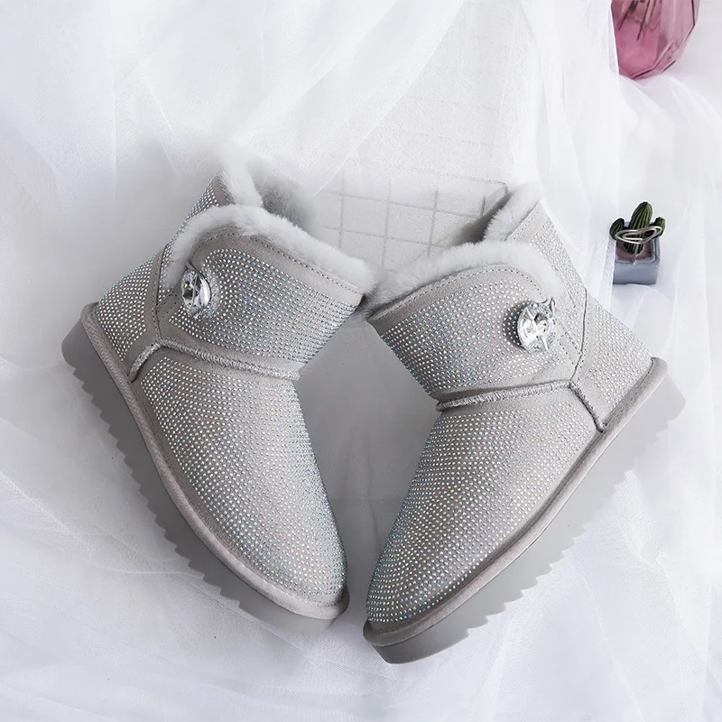 Cena Luksusowe buty kobieta prawdziwej skóry Rhinestone śnieg buty płaskie futro z wełny kobiety zimowe buty ciepła platforma plus rozmiar botki DE